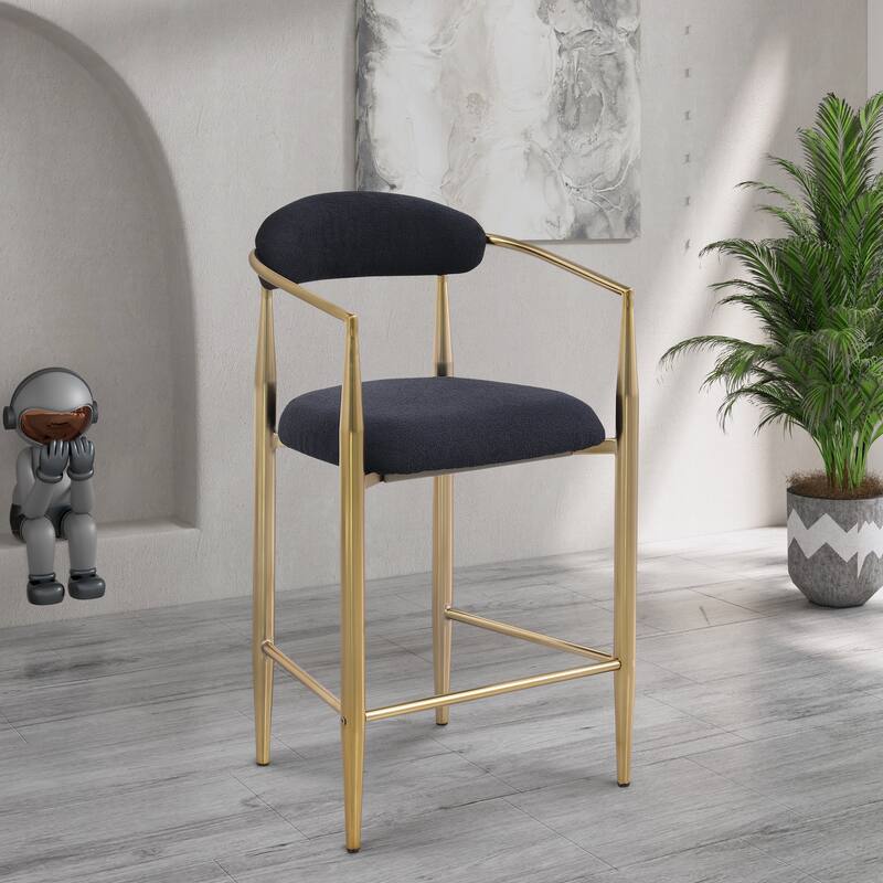 Bar Stools Set of 2, Counter Height Chairs with Upholstered Back, Kitchen Island Chairs with Arm and Metal Legs - Black+Gold