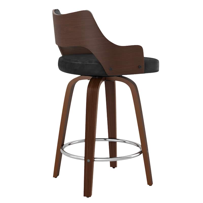 26.in Counter Height Stool Swivel Wooden Faux Leather Bar Stool with Curved Back