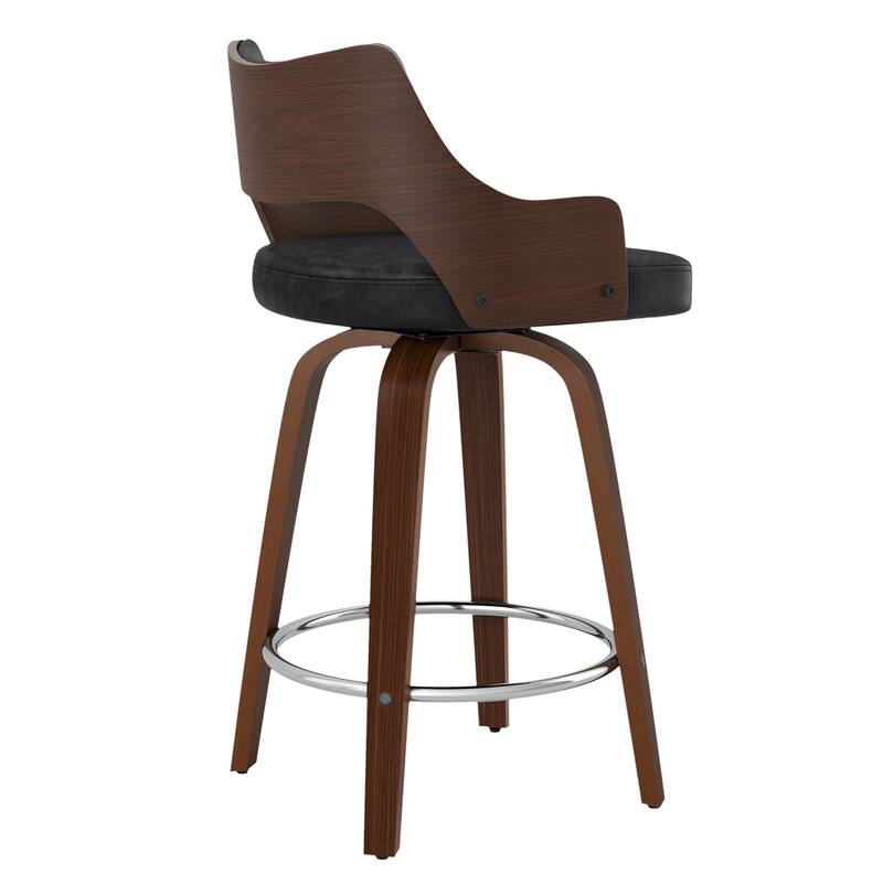 Modern Swivel Bar Stools with Curved Wood Back Upholstered Armrest Counter Stool