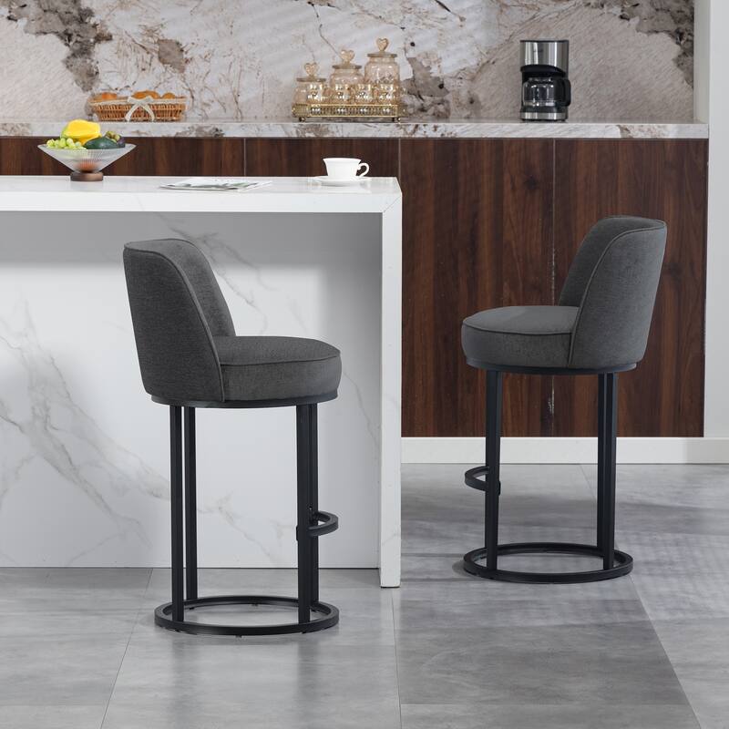 Counter Height Bar Stools Set of 2, Modern Barrel Counter Stools with Backrest, Linen Fabric Upholstered Accent Bar Stools