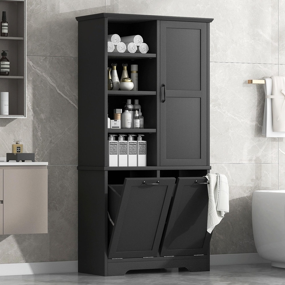 Bathroom Storage Cabinet with Doors and Drawers, Tilt-Out Laundry Hamper