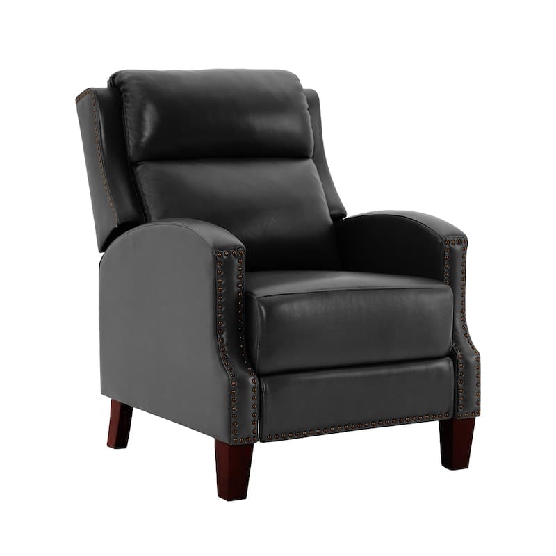 Genuine Leather Pushback Recliner with Multi-Angle Seat Back and Solid Wood Legs - Black