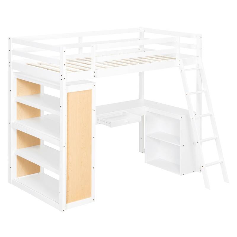 Twin Size Wood Loft Bed with Ladder, Shelves, and Desk