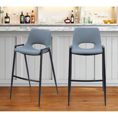 Set of Two 30" Blue And Black Faux Leather And Steel Low Back Bar Height Bar Chairs