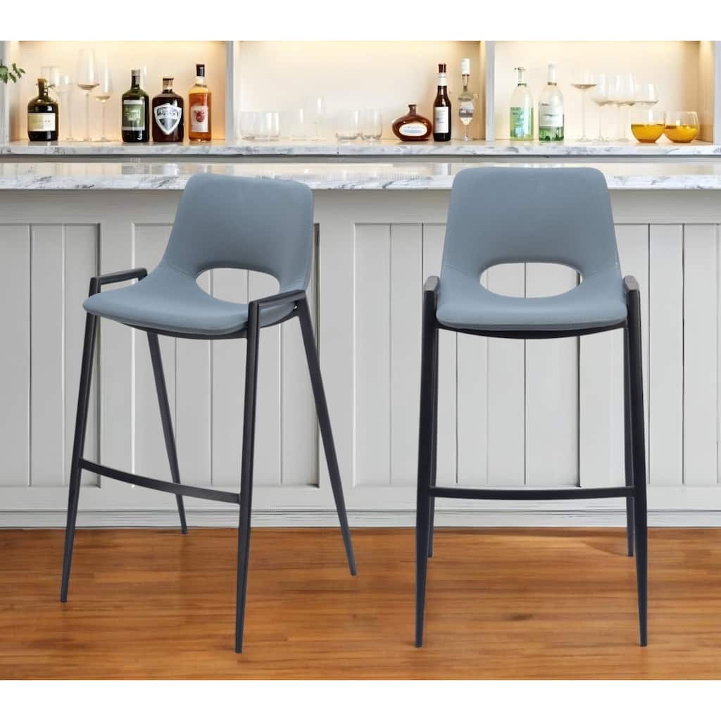 Set of Two 30" Blue And Black Faux Leather And Steel Low Back Bar Height Bar Chairs