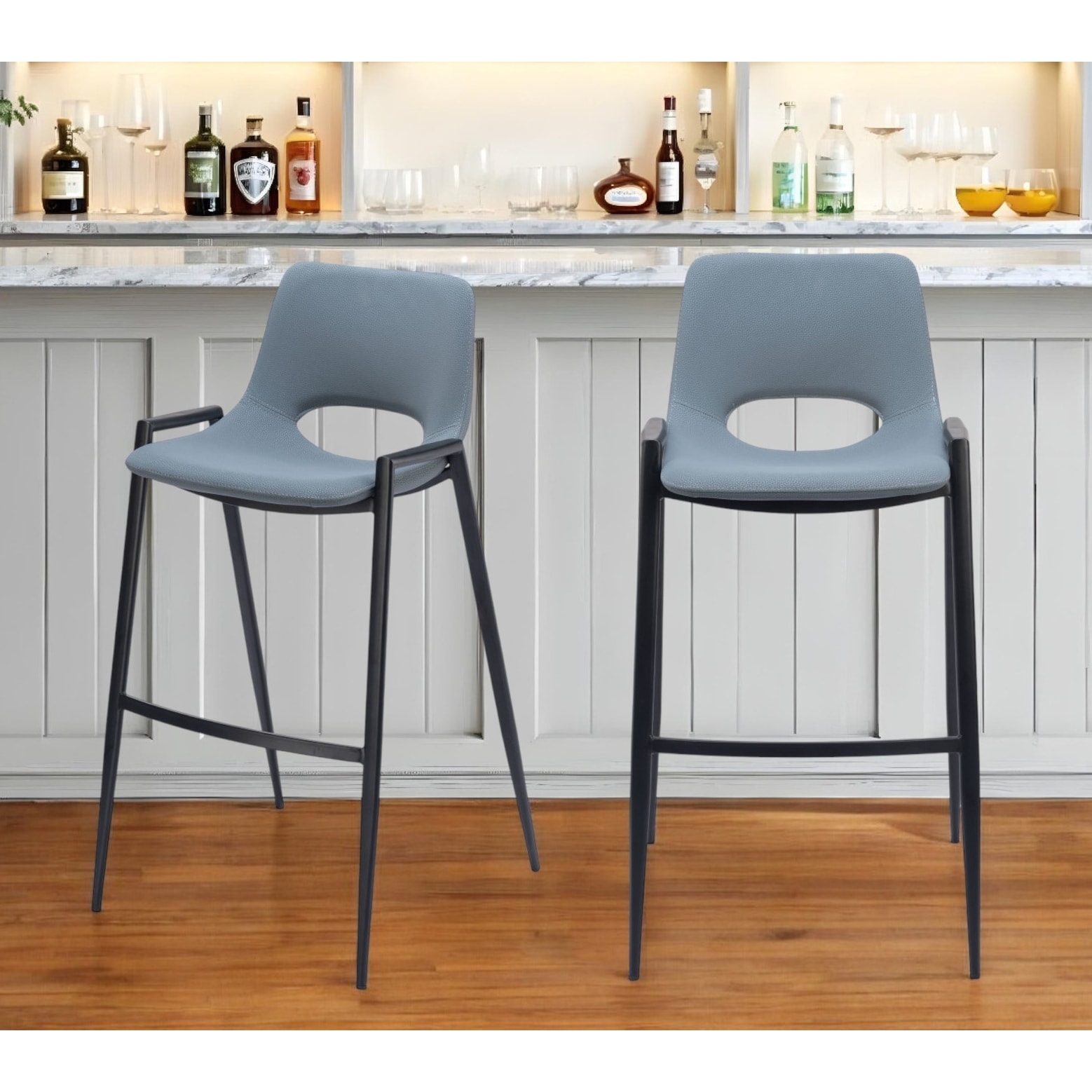 Set of Two 30" Blue And Black Faux Leather And Steel Low Back Bar Height Bar Chairs