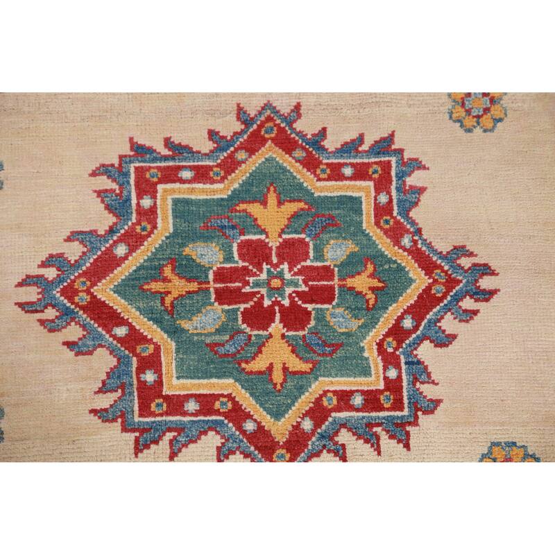 Hand Knotted Oriental 100% Wool Carpet Traditional Geometric Beige & Ivories Kazak Area Rug - 11' 0'' X 7' 9''