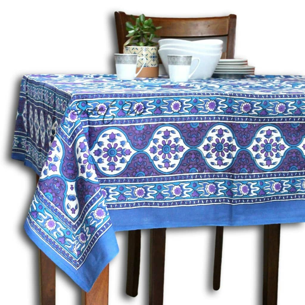 Cotton Auspicious Sunflower Floral Tablecloth Rectangle - Blue - 88 x 104 in