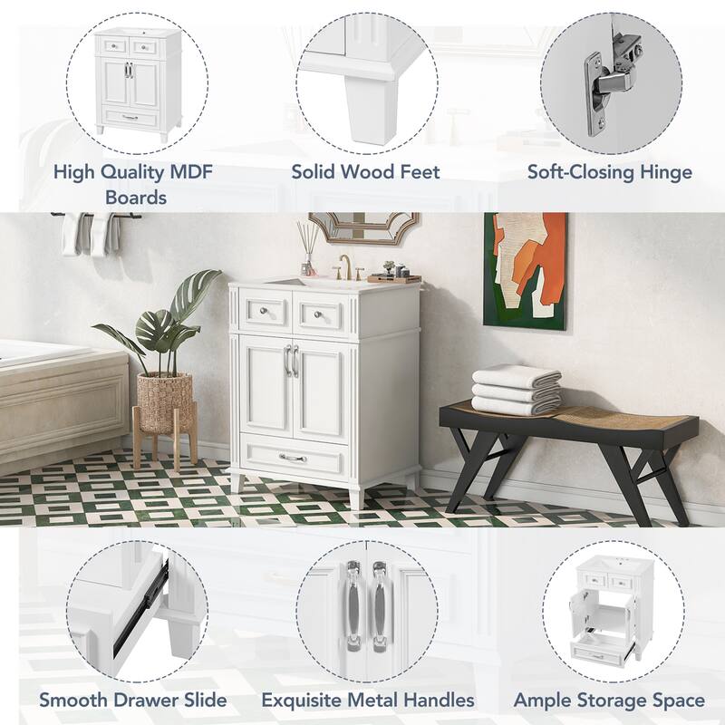 24" Retro Bathroom Vanity with Ceramic Sink & Solid Wood Frame - Soft Closing Door Storage Cabinet
