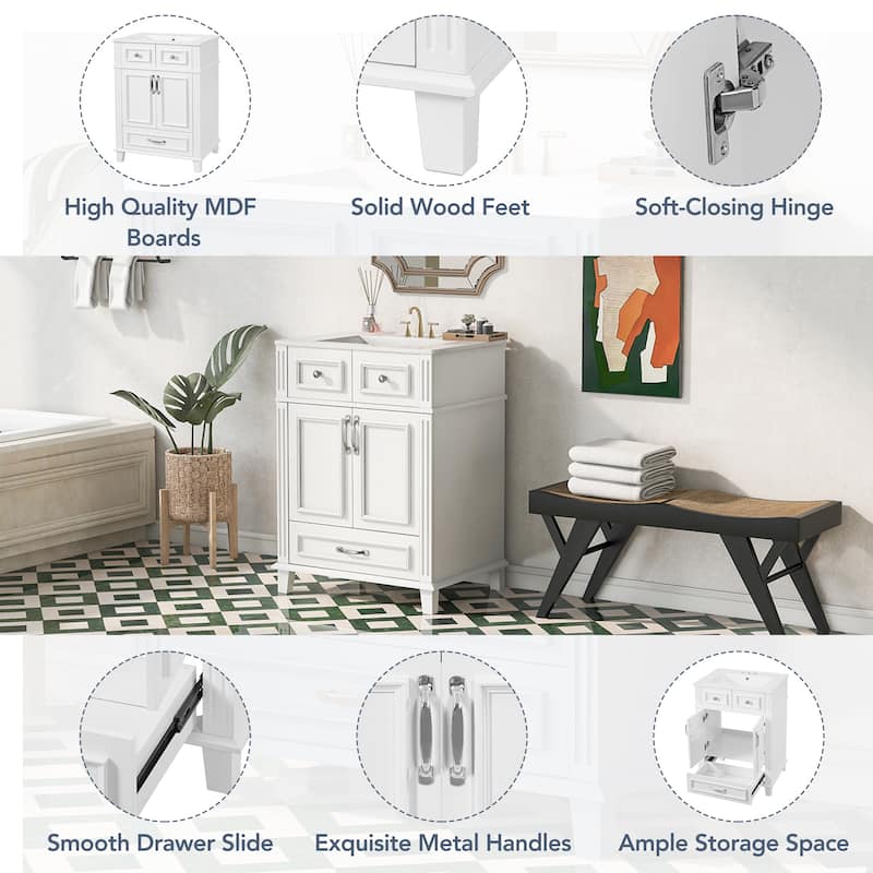 24 Inch Bathroom Vanity with Ceramic Sink, Solid Wood Frame, Soft Close Doors and Drawer, Retro Bathroom Cabinet