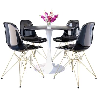 Bristol 5-Piece Dining Set 35" Round Table and 4 Plastic Chairs with Gold Base