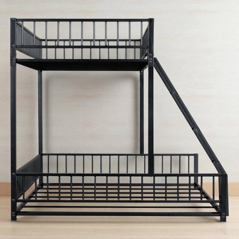 Metal Twin XL/Full XL over Queen Bunk Bed Frame with Ladder, Safety Rails, Space-Saving Floor Design