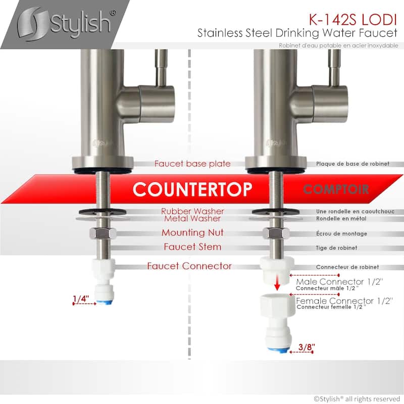 STYLISH Kitchen Sink Drinking Water Faucet, Commercial Water Filtration Faucet, Stainless Steel, Contemporary Style High-Spout