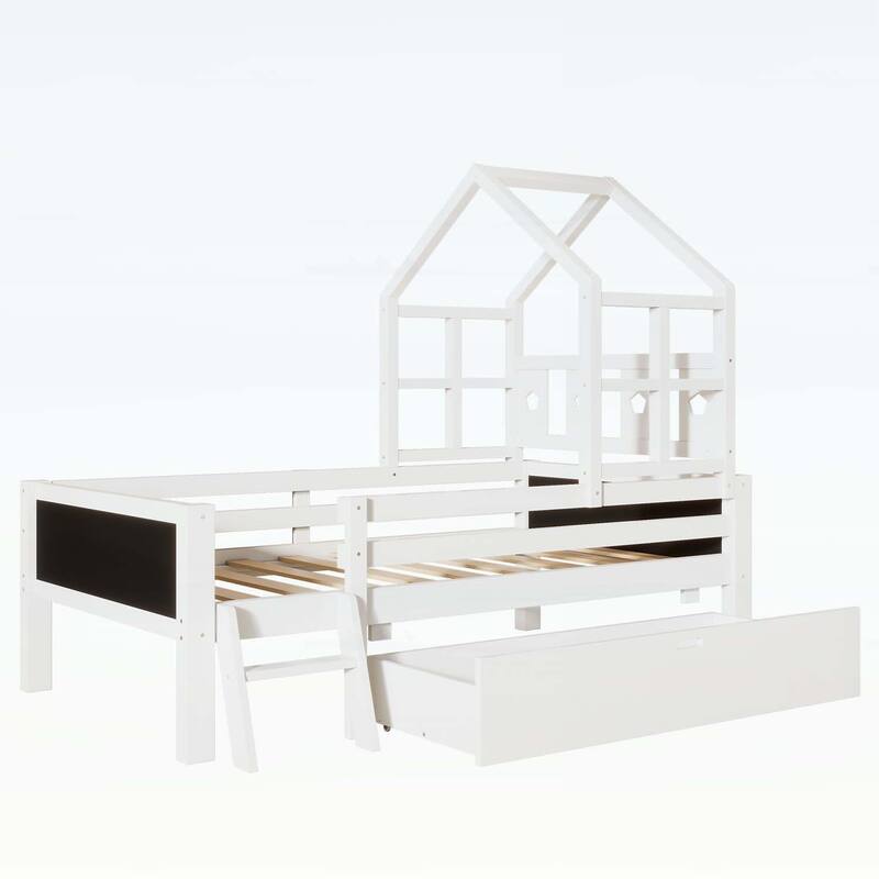 House Bed with Ladder and Storage Drawers,No Box Spring Needed