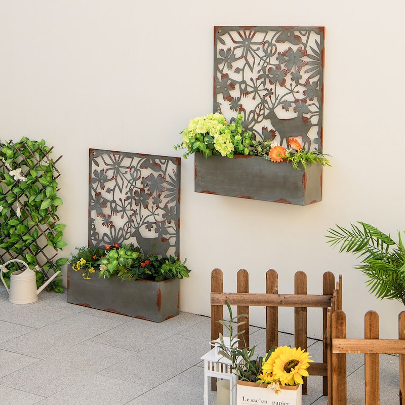 Gymax Set of 2 Decorative Raised Garden Bed Wall-mounted Metal Planter