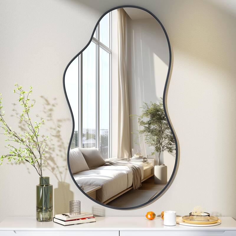 Asymmetrical Decorative Wall Mirror Irregular Aluminum Alloy Frame Bathroom Vanity Mirror - Black - 32"x20"
