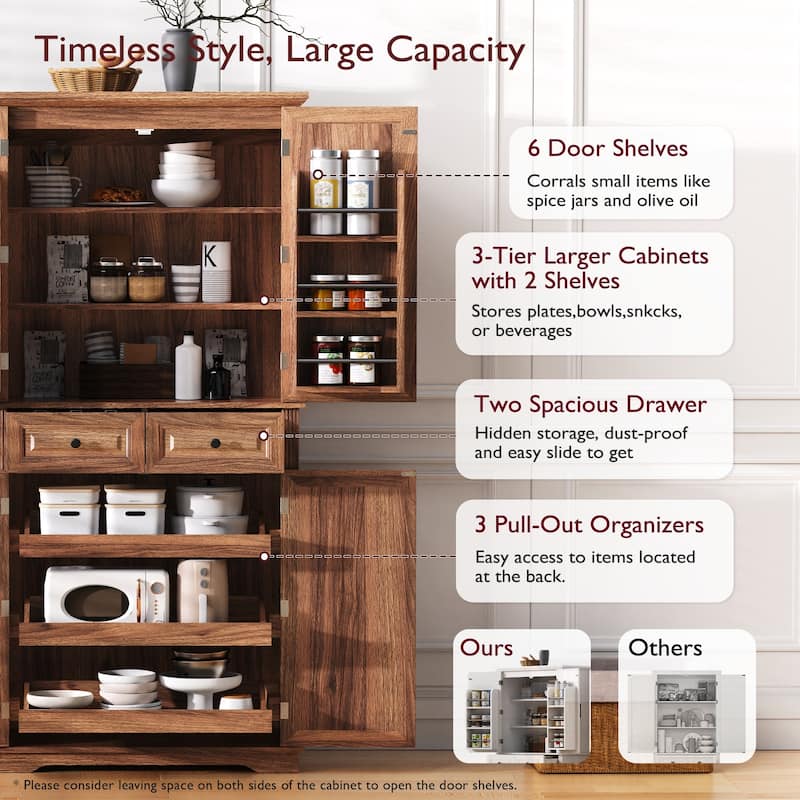 71"Tall Kitchen Pantry Cabinet with 3 Pull Out Cabinet Organizers,Cabinet with 6 Door Shelves,2 Drawers,Freestanding Cupboard
