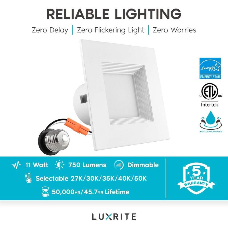 Luxrite 4" Square Recessed LED Can Light, Color Temperature Selectable 2700K / 3000K / 3500K / 4000K / 5000K (6 Pack) - 6 Pack