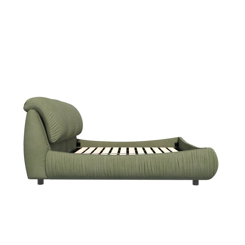 Queen Size Upholstered Platform Bed with Cushioned Headboard - Sturdy Solid Wood Frame.