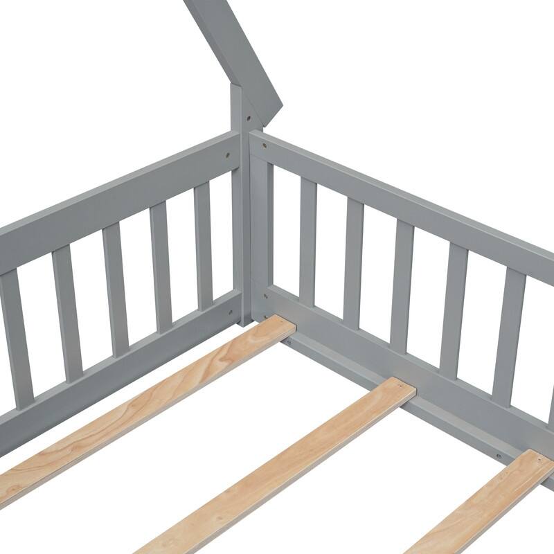 Tent-shaped Full Size Floor Bed with Guardrails, Slats, Door, for Kids