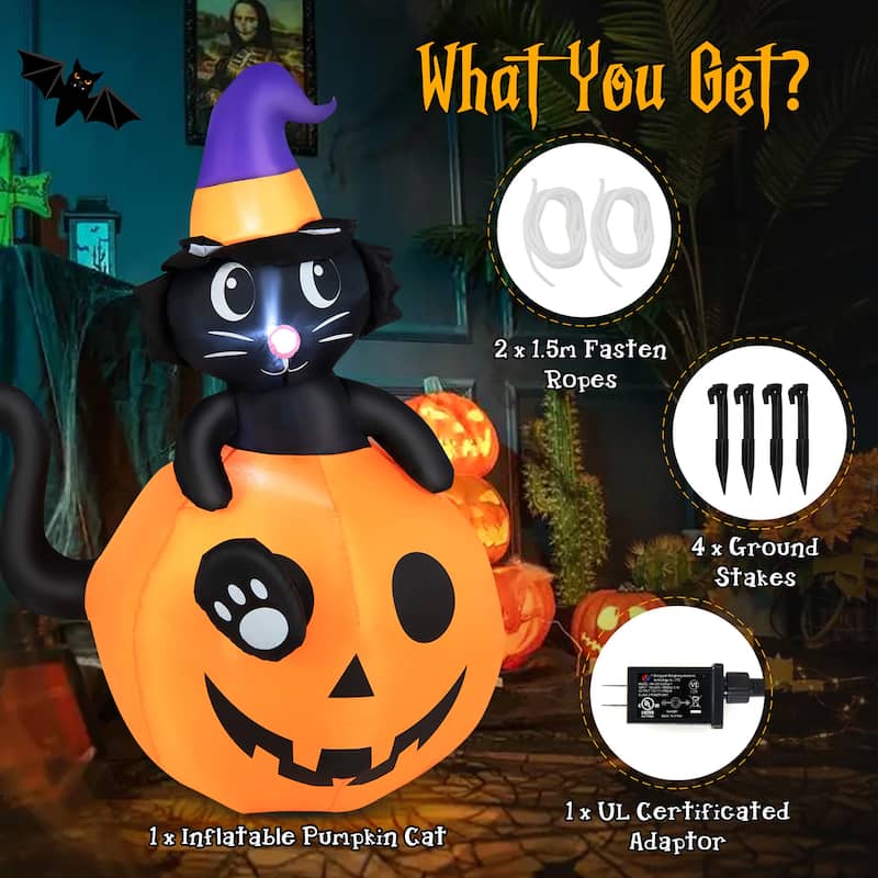 Gymax 5FT Inflatable Halloween Decor Pumpkin with Witch's Black Cat w/