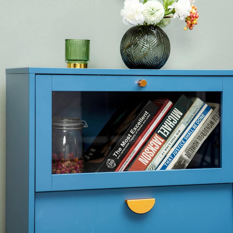 Blue Cabinet with Glass Doors Sideboard