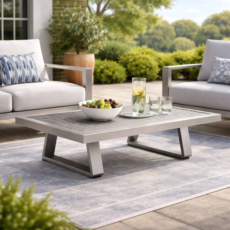 Xia 48 Inch Outdoor Coffee Table, Gray Aluminum Frame, Plank Style Tabletop