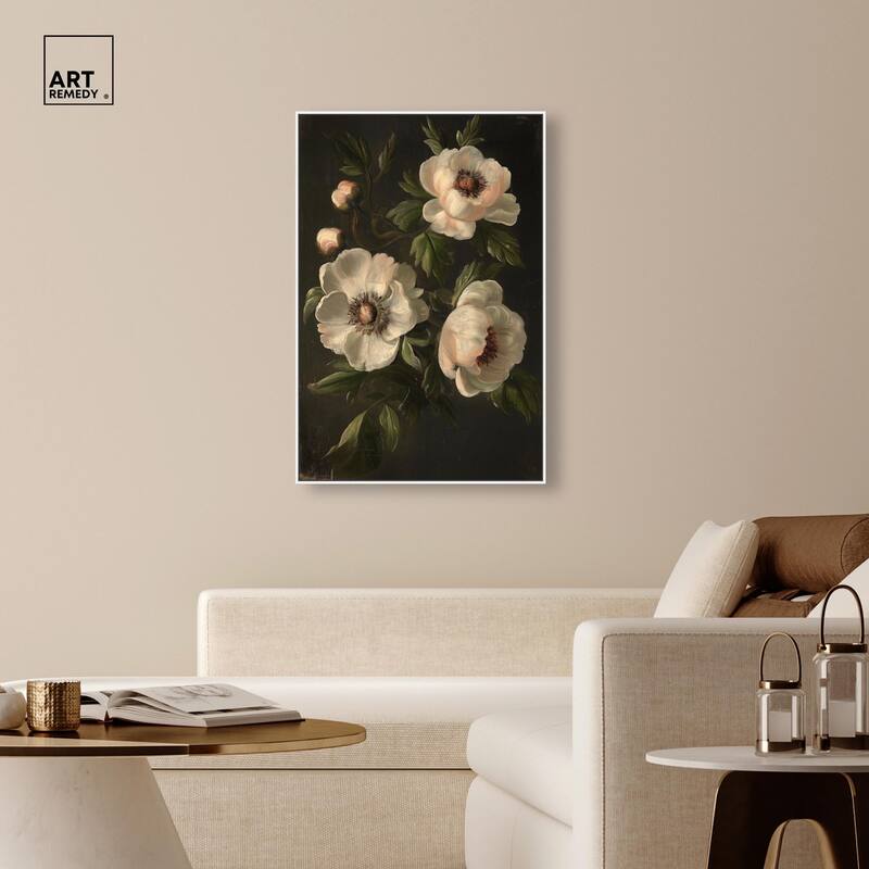 White Peonies in Dark I Canvas by Art Remedy