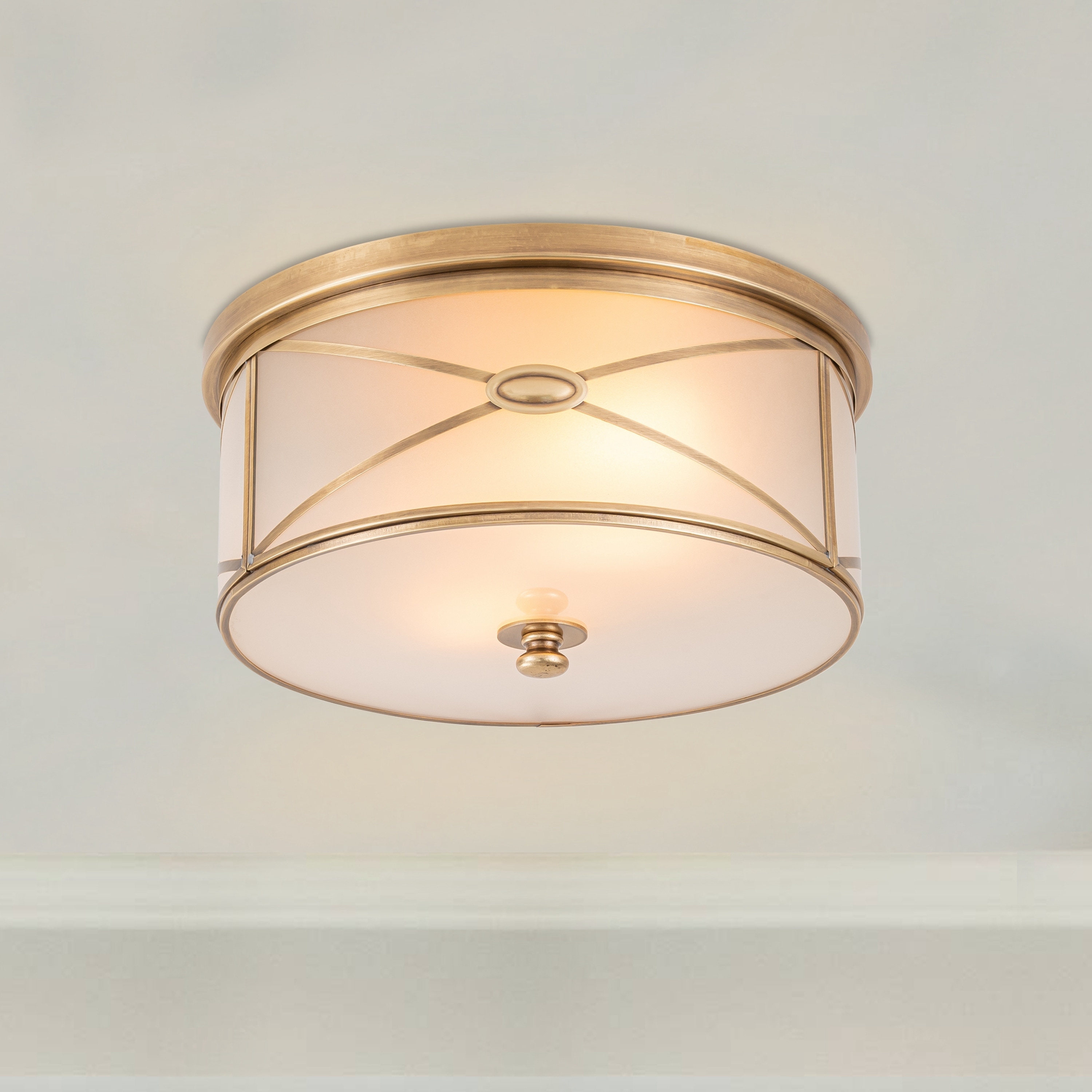 C Cattleya 2-Light Brass Flush Mount Ceiling Light with Frosted Glass