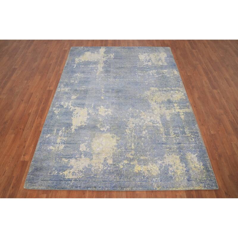 Hand Knotted Oriental Viscose Silk Carpet Modern All-Over Navy Blue & Blues Abstract Area Rug - 7' 8'' X 5' 6''