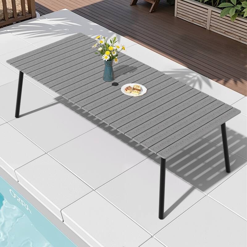 94.5in Outdoor Patio Rectangle Aluminum Wood-Like Dining Table with Umbrella Hole