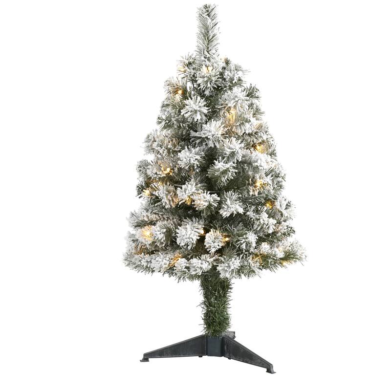 3ft Pre-Lit Artificial Christmas Tree - Flocked Frosted Fir with Stand & Lights - Holiday Decor - Green - 36