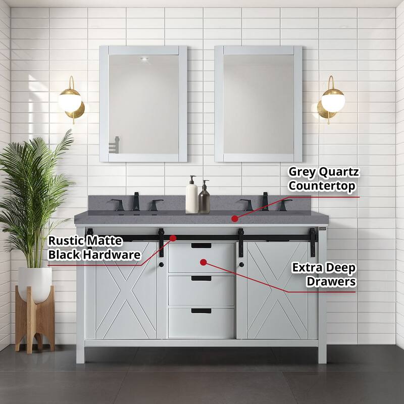 Marsyas 60 in W x 22 in D White Double Bath Vanity, Grey Quartz Countertop and 24 in Mirrors
