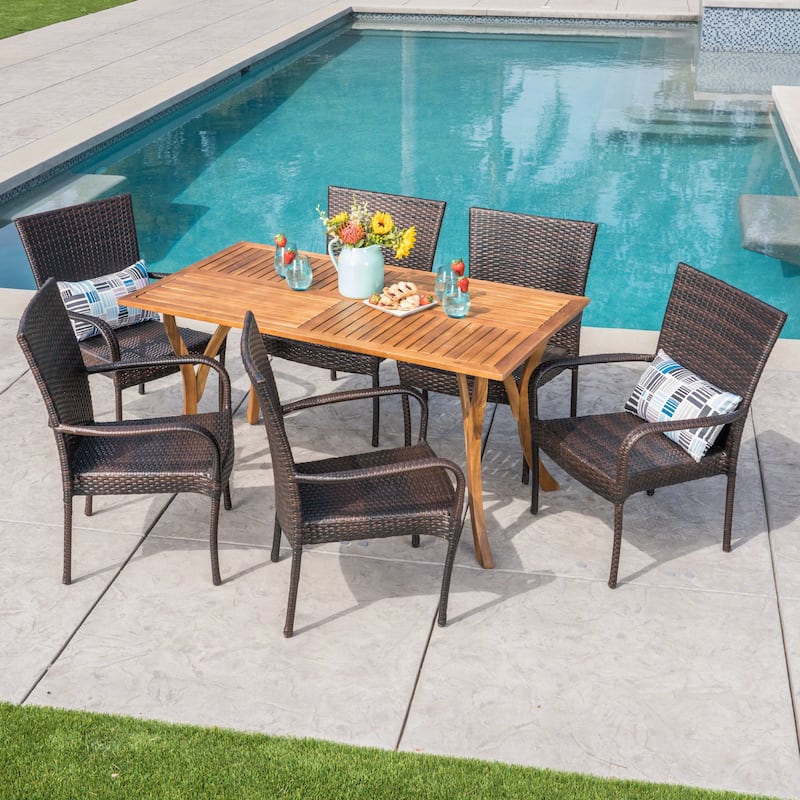 Monterey Outdoor 7 Piece Acacia Wood/ Wicker Dining Set by Christopher Knight Home - Teak + Multibrown