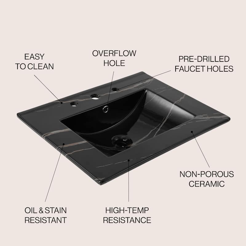 Aubert 3-Hole Classic Contemporary Rectangular Ceramic Single Sink Basin Vanity Top, by JONATHAN Y