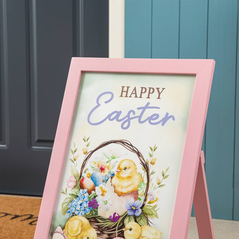 Glitzhome 24"H Easter Wooden Bunny Easel Porch Sign Wall Hanging Outdoor Indoor Decor