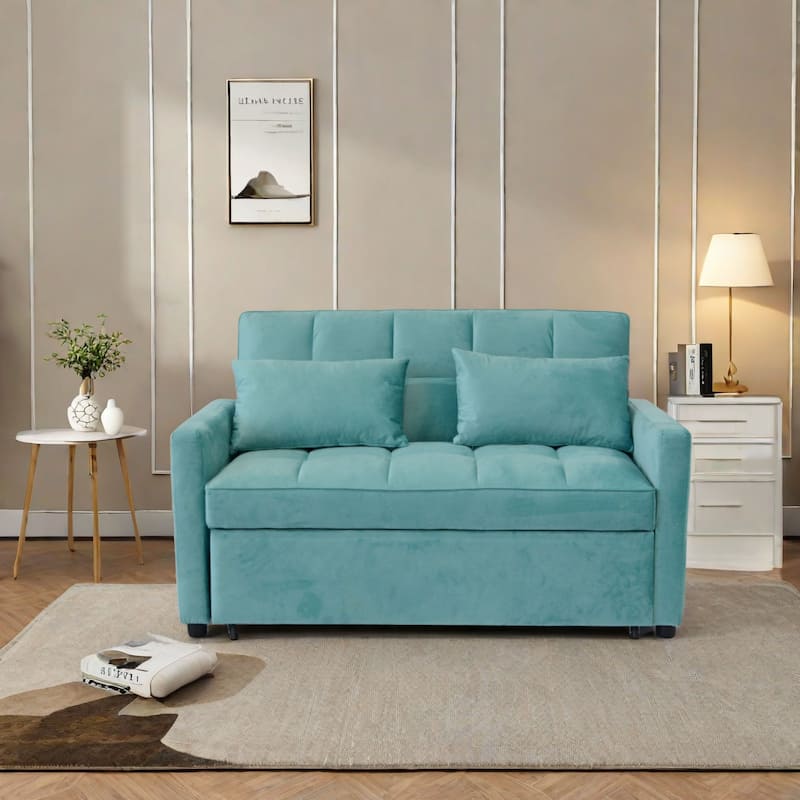 Velvet 3 in 1 Loveseat Sofa Pull Out Sleeper Sofa Bed Adjustable Backrest Tufted Couch with 3 USB Ports 2 Side Pockets
