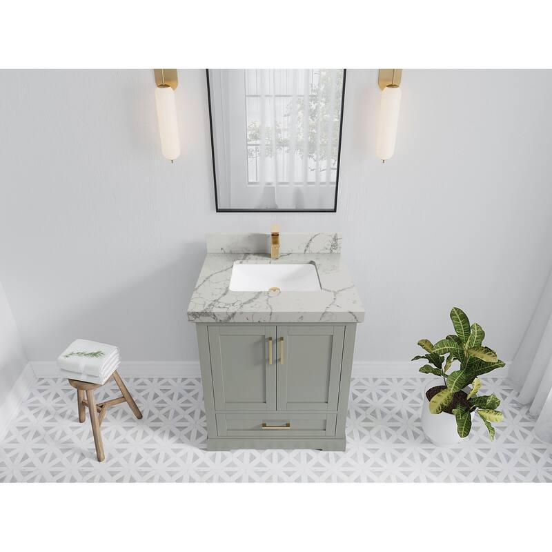 Willow Collection 30 in W x 22 in D x 36 in H Reeded Boston Single Bowl Sink Bathroom Vanity with Quartz or Marble Countertop - 2"Venatino Quartz - Evergreen