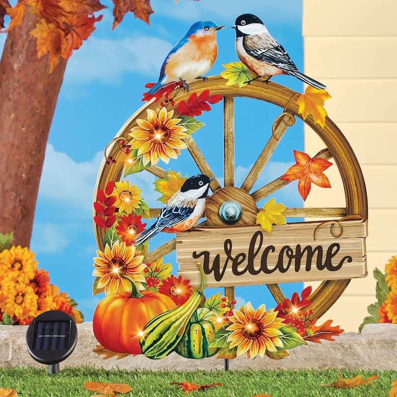 Solar Powered Autumn Birds Welcome Wagon Wheel Stake - NO SIZE - Brown - NO SIZE