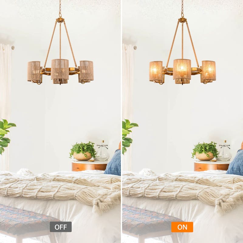 6-Light Bohemian Natural Jute Rope Woven Chandelier Pendent Ceiling Light