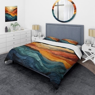 Designart "Coral Teal Bold Mountains Landscape" Coral Traditional - Bedding Set With Shams
