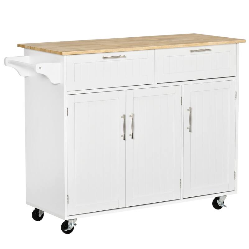Kitchen Island with Wood Top, Mobile Island Cart on Wheels, Rolling Trolley with Adjustable Shelves, 2 Drawers & 3 Doors - White