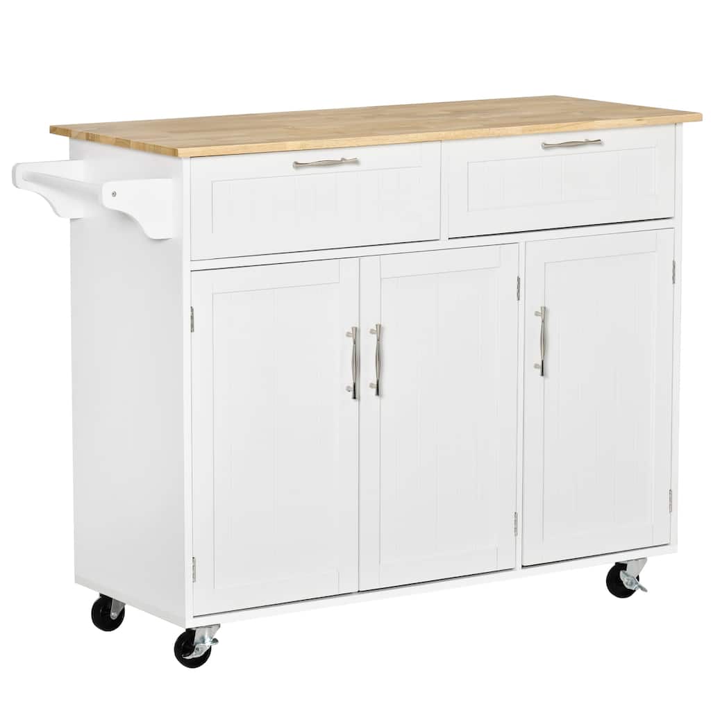 Mobile Kitchen Island On Fixed Wheels with Storage Space, 2 Drawers, 3 Cupboards, Adjustable Shelves and Towel Rack, White