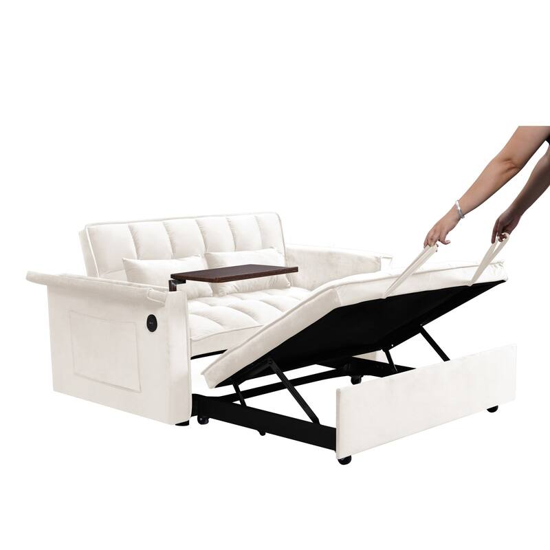 55.5" Convertible Velvet Double Sleeper Sofa Bed with Hidden Side Table