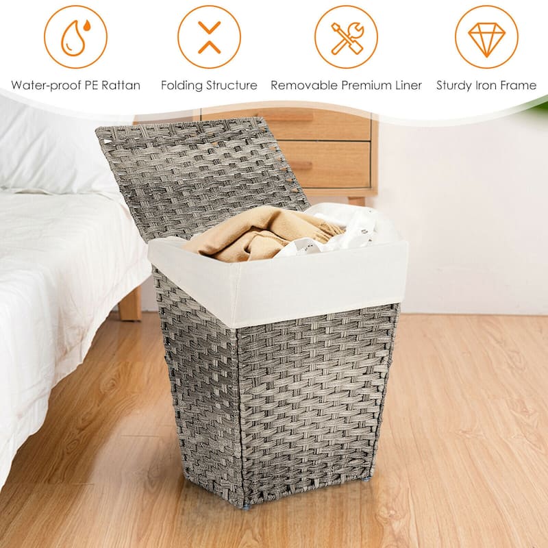 Gymax Handwoven Laundry Hamper Foldable w/Removable Liner, Lid & - 17.5'' X 12'' X 21''