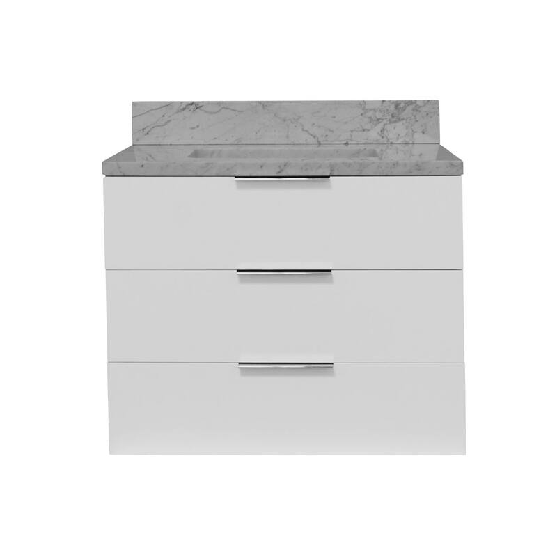 KitchenBathCollection Oslo 30" Floating Wall-Mounted Bathroom Vanity with Carrara Marble Top