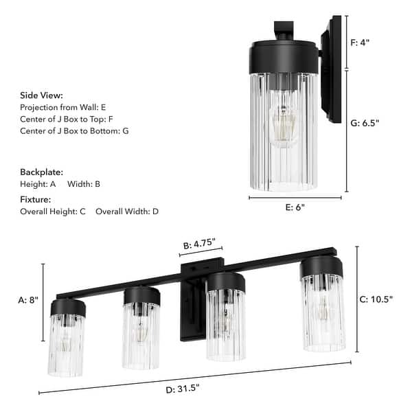 dimension image slide 3 of 8, Hunter Gatz Ribbed Glass Vanity Wall Light - Bathroom - Glam, Fluted Glass - Damp Rated!