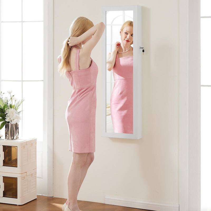 White Wood Wall or Door Mounted 14 in. W Lockable Jewelry Armoire with Full Length Mirror