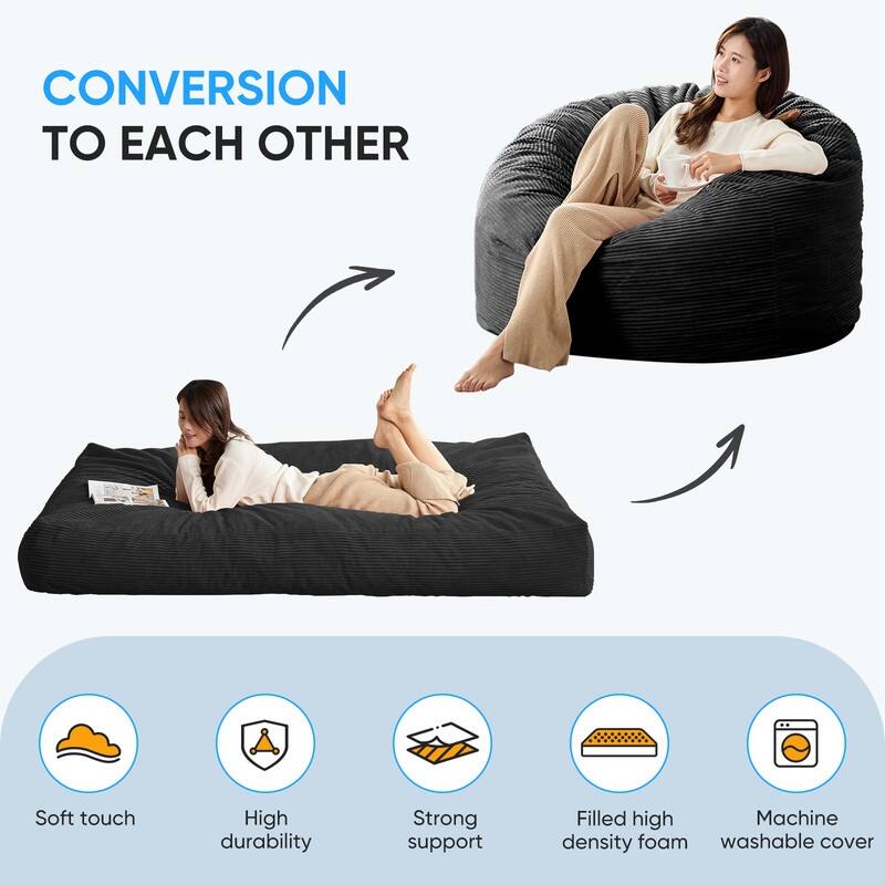 Mixoy Corduroy Bean Bag Lazy Sofa Chair Bed,Convertible Adult Beanbag from Lazy Chair to Floor Mattress,Machine Washable