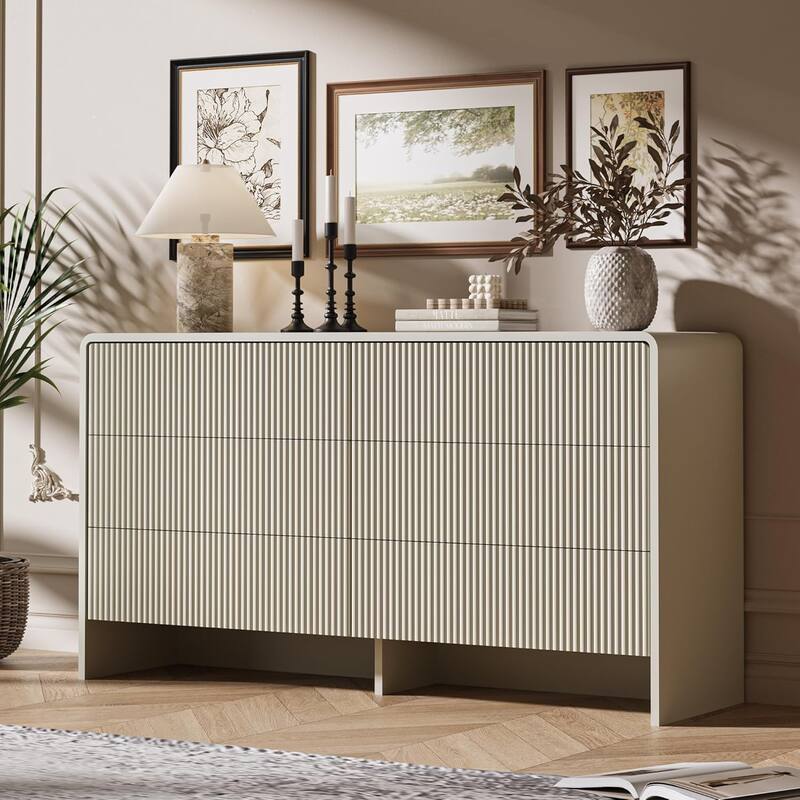 FURNIWAY White 6 Drawer Dresser 55" Push to Open Modern for Bedroom